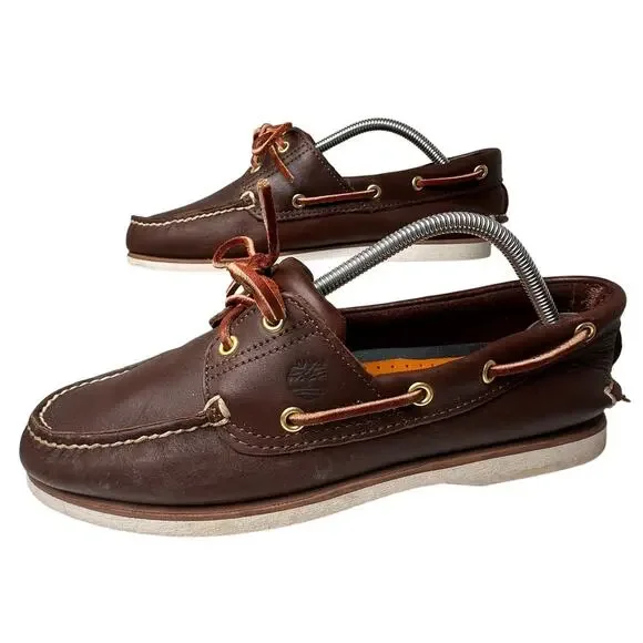 Vtg Timberland Brown Leather White Sole 2 Eye Boat Shoes 74035 Preppy Men Sz 9.5 - Picture 7 of 16
